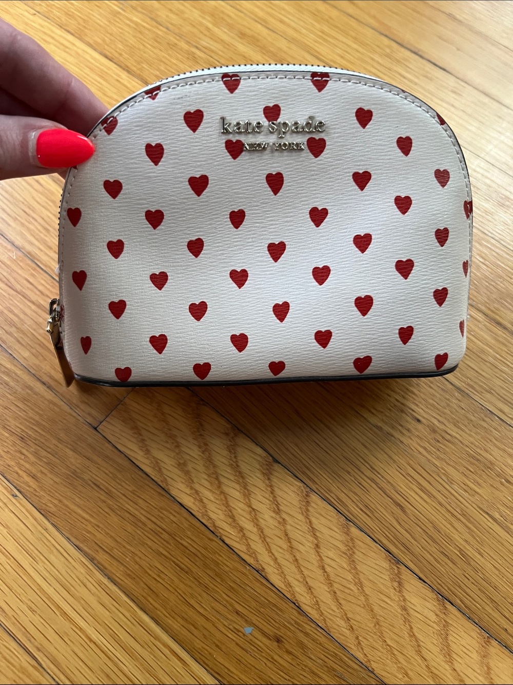 kate spade Cream Cosmetic Pouch with Red Heart Print